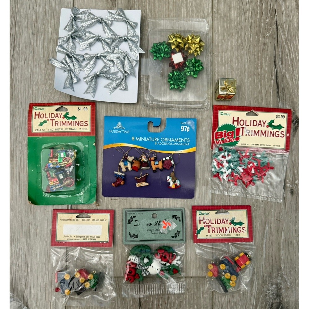 BRAND NEW VINTAGE HOLIDAY  MINIATURES LOT OF 8 PACKS Trains Bows Ornaments